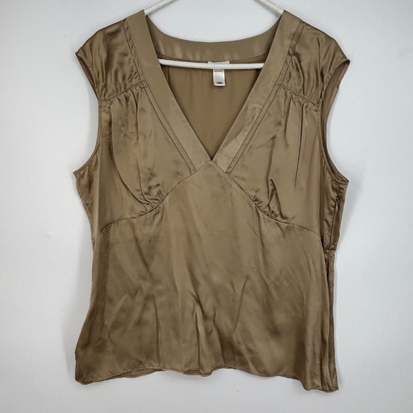Vintage Old Navy Womens XL Sleeveless Blouse Metallic Tan 100% Silk V-Neck Zip - Picture 1 of 10